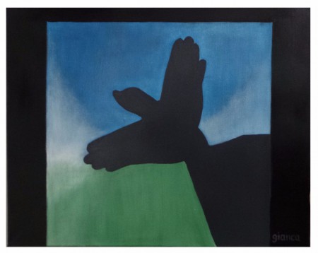 OMBRES CHINOISES : COLOMBE : huile sur toile, 40 cm x 50 cm, février 2015. Clin d’œil à Magritte.